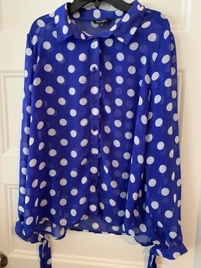 George chiffon Blue Polka Dot Button-Up Blouse